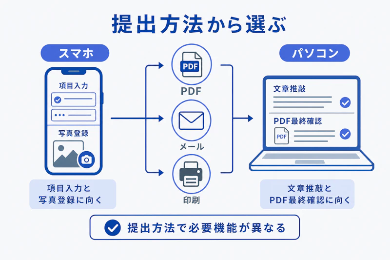スマホとパソコンを使い分けて履歴書を提出する流れの図解