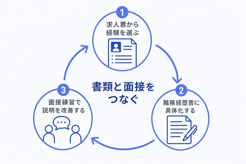 求人票、職務経歴書、面接練習を循環させる応募準備の流れ