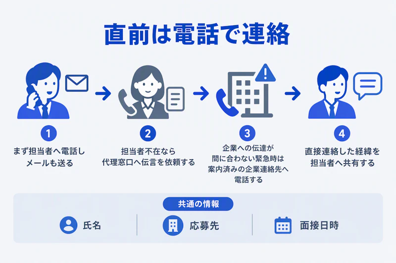 面接直前に担当者から代理窓口へ連絡を切り替え、緊急時に企業へ伝える手順