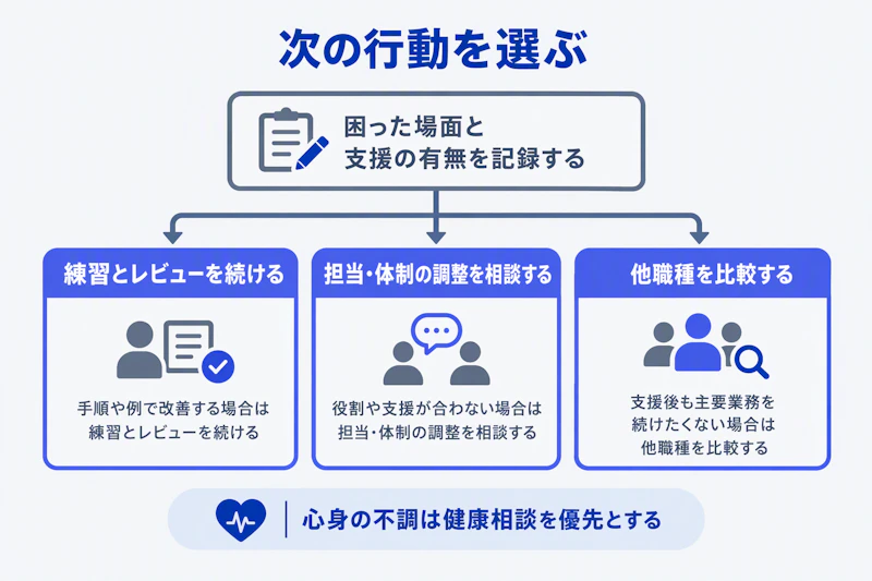 入社後の違和感を記録し、練習・環境調整・職種比較へ進む分岐図
