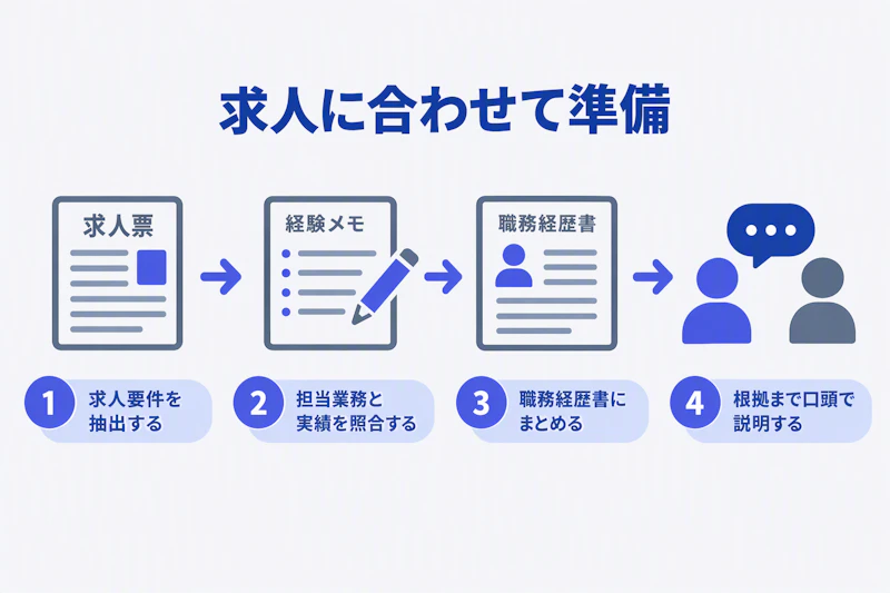 求人要件と経験を照合して職務経歴書と面接回答を準備する四段階の図