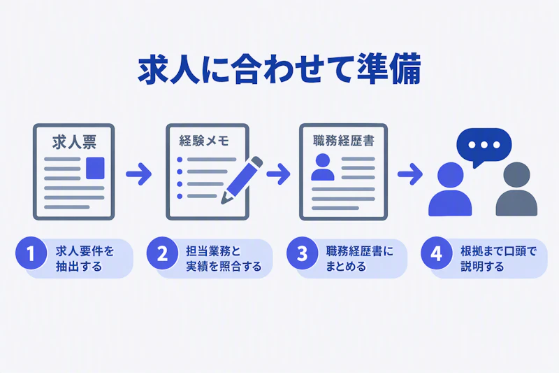 求人要件と経験を照合して職務経歴書と面接回答を準備する四段階の図