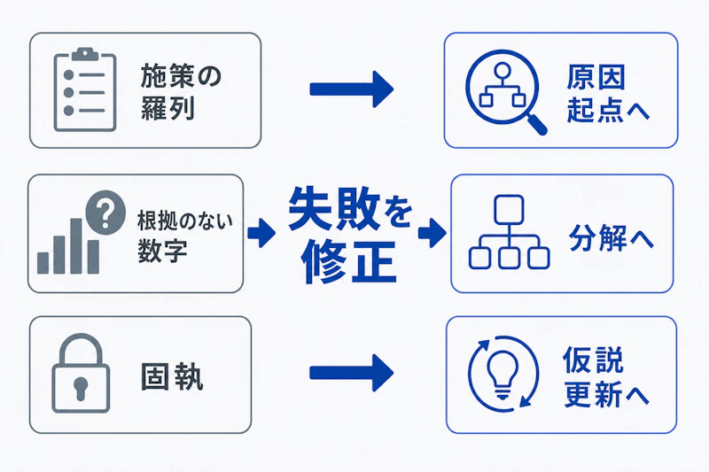 ケース面接で起こりやすい失敗と改善方法を対比した図