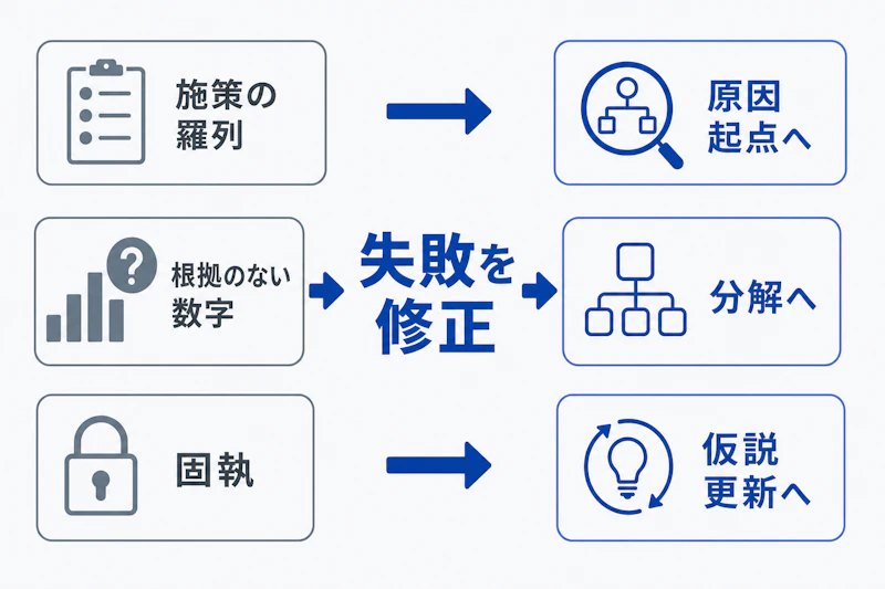 ケース面接で起こりやすい失敗と改善方法を対比した図