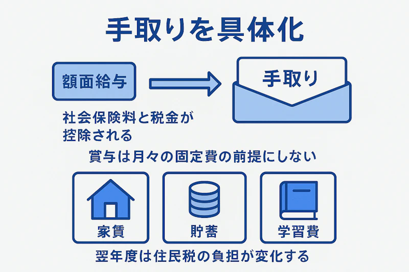 額面給与から手取りと生活費を考える流れの図