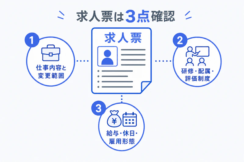 未経験歓迎求人で確認すべき三つの項目を示す図解