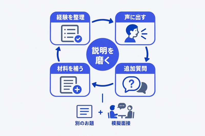 経験整理から追加質問と修正へ進む面接練習のサイクル
