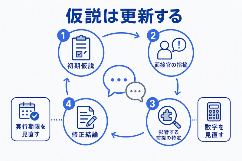 面接官の指摘を受けて仮説と結論を更新するケース面接の流れ