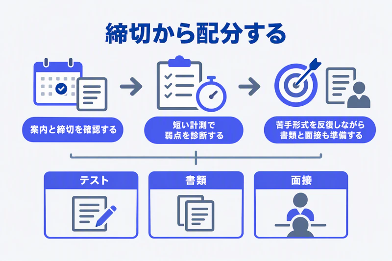 締切と弱点を確認しテスト・書類・面接へ時間を配分する図