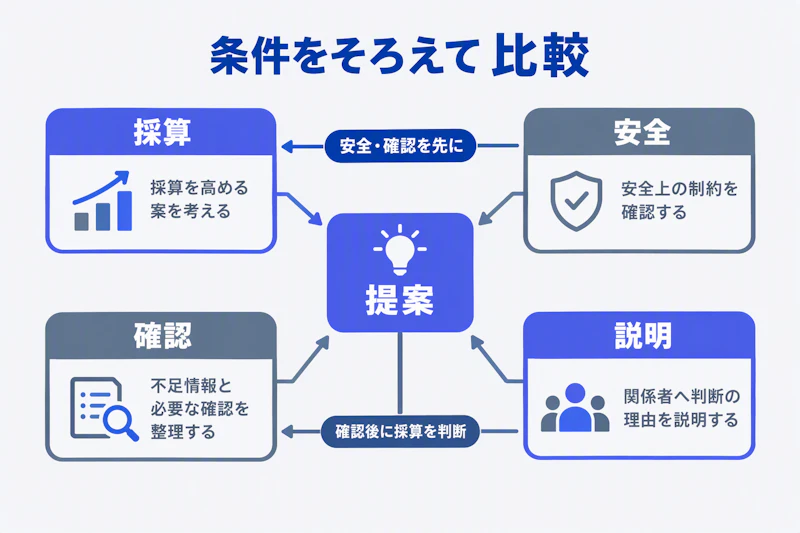 採算、安全上の制約、不足情報の確認、関係者への説明から提案を考える図