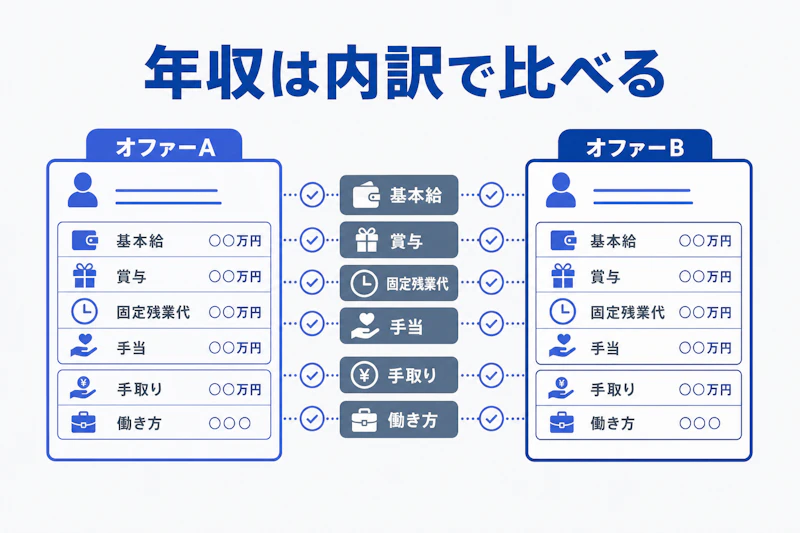 基本給と賞与と固定残業代を比較する転職条件の図解
