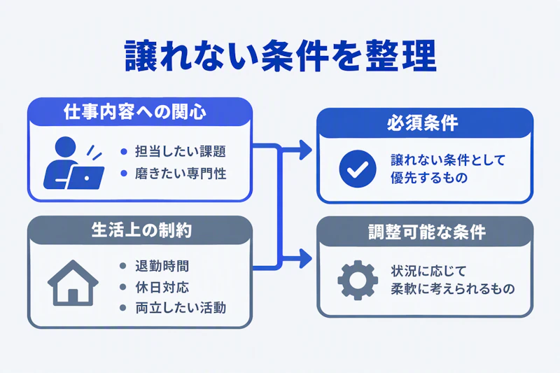 仕事内容への関心と生活上の制約から入社条件を仕分ける図