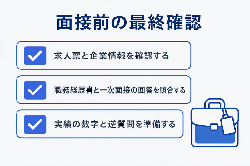 二次面接前に確認する企業研究、書類、逆質問のチェックリスト図