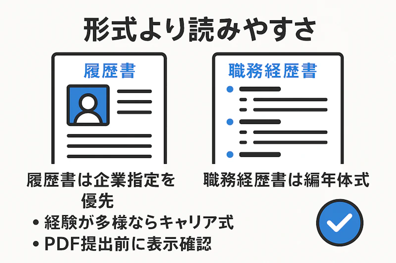 履歴書と職務経歴書の形式を選ぶポイントを示す図