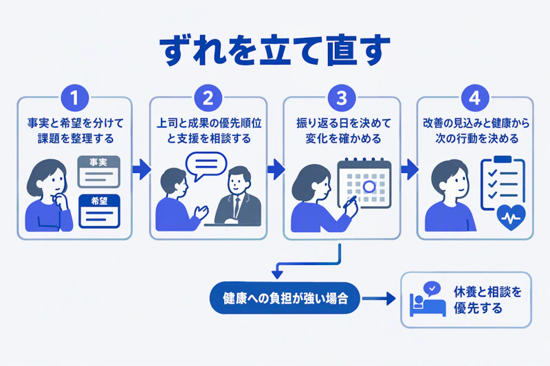 入社後の課題整理から相談と振り返りを経て次の行動を決める図