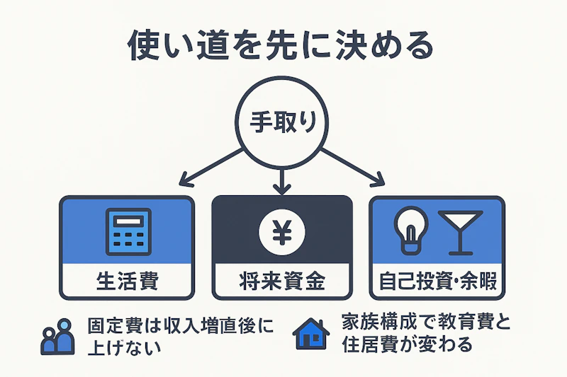 手取りを生活費と将来資金、自己投資に分ける図