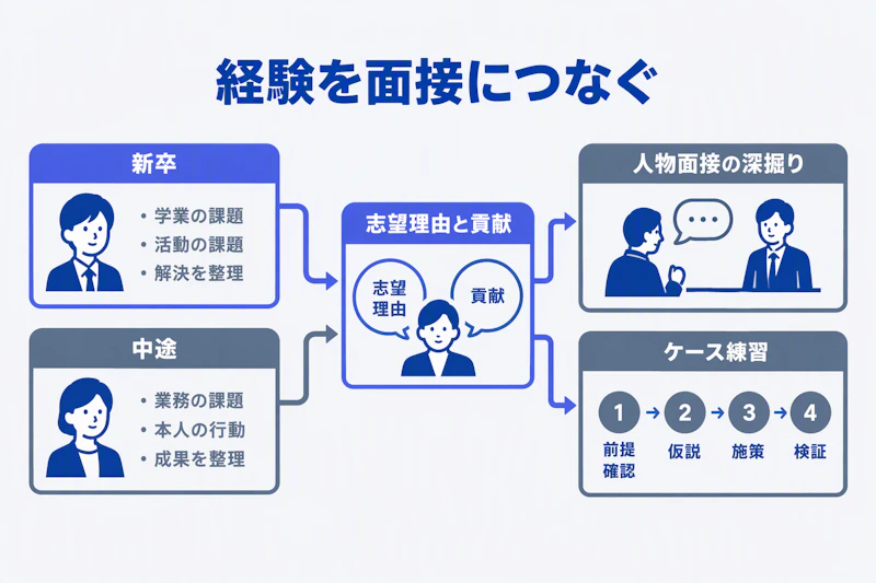 新卒と中途の経験整理から志望動機とケース面接の練習へ進む図