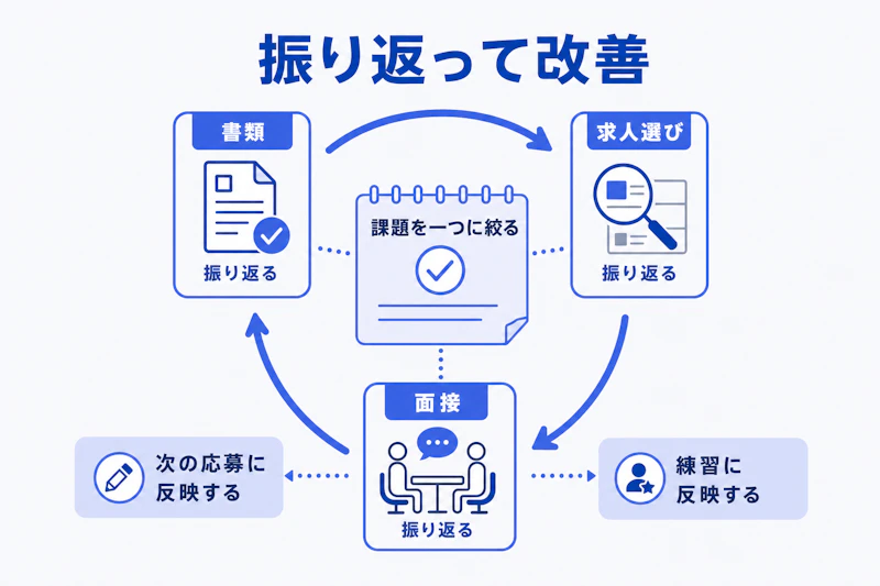 書類選考と面接の振り返りを次の行動に生かす図