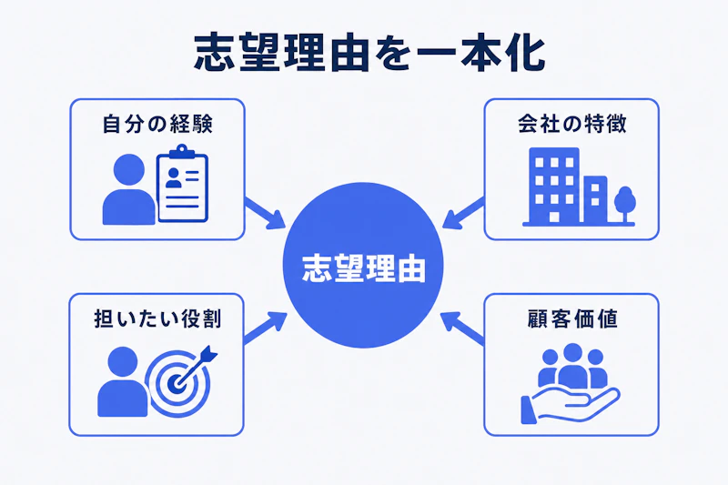 経験と会社の特徴をつないで志望理由を組み立てる図