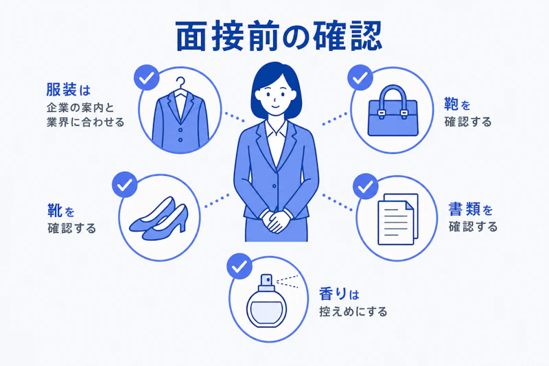 転職面接前に服装や鞄、書類を確認するチェックリスト図解