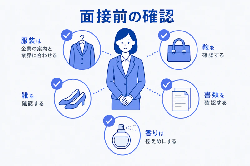 転職面接前に服装や鞄、書類を確認するチェックリスト図解
