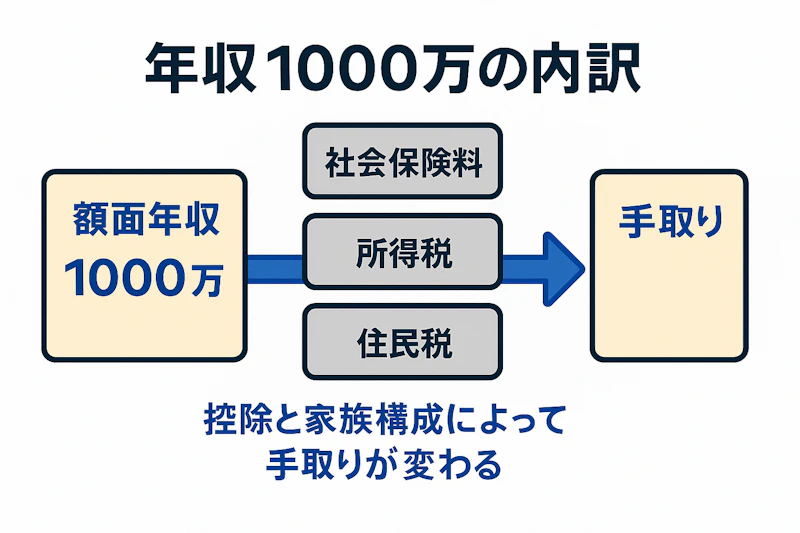 年収1000万円から控除を引いて手取りを求める図