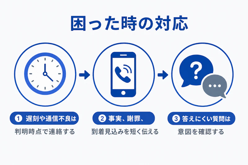 遅刻や答えにくい質問に対応する手順の図解