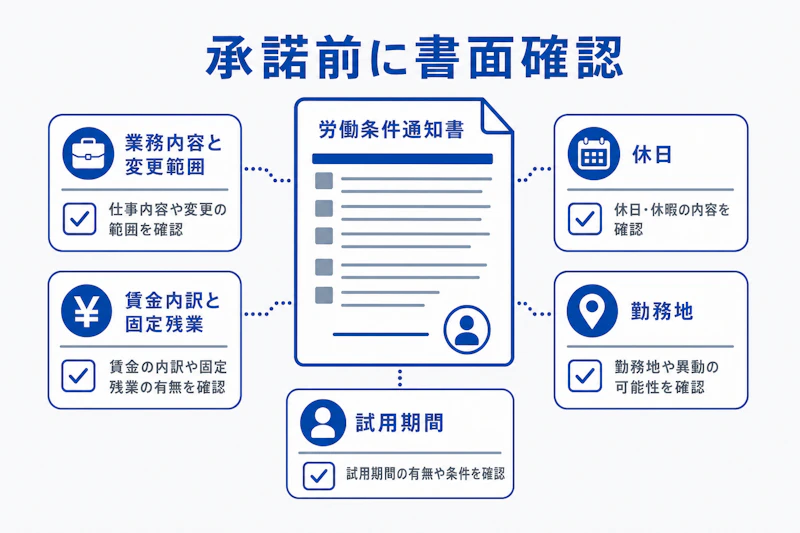 内定承諾前に労働条件通知書を確認する項目の図