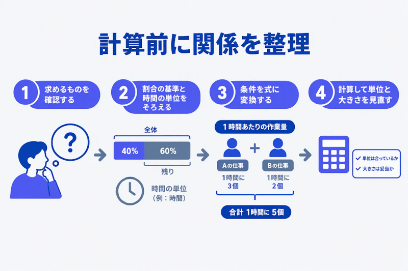 非言語問題を条件整理から立式と計算へ進める図