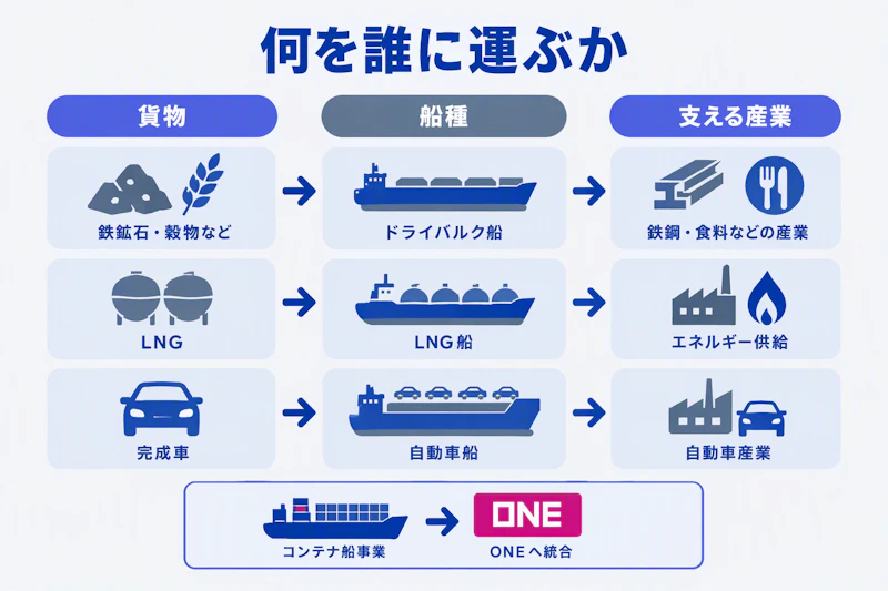 川崎汽船の輸送貨物、船種、支える産業とONEの位置づけを示す図