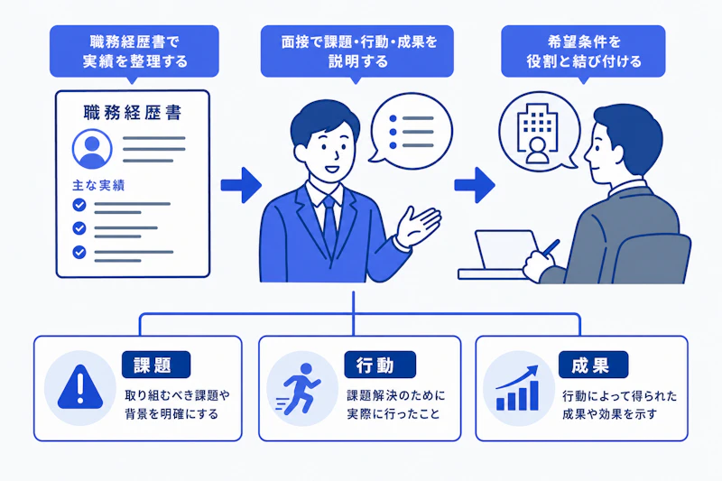 職務経歴書と面接で実績を一貫して伝える準備を示す図