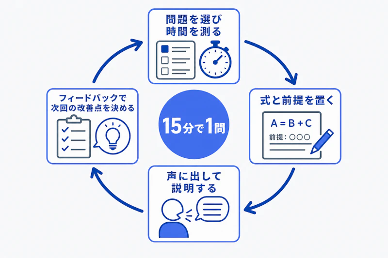 フェルミ推定を時間を測って解き振り返る練習サイクルの図