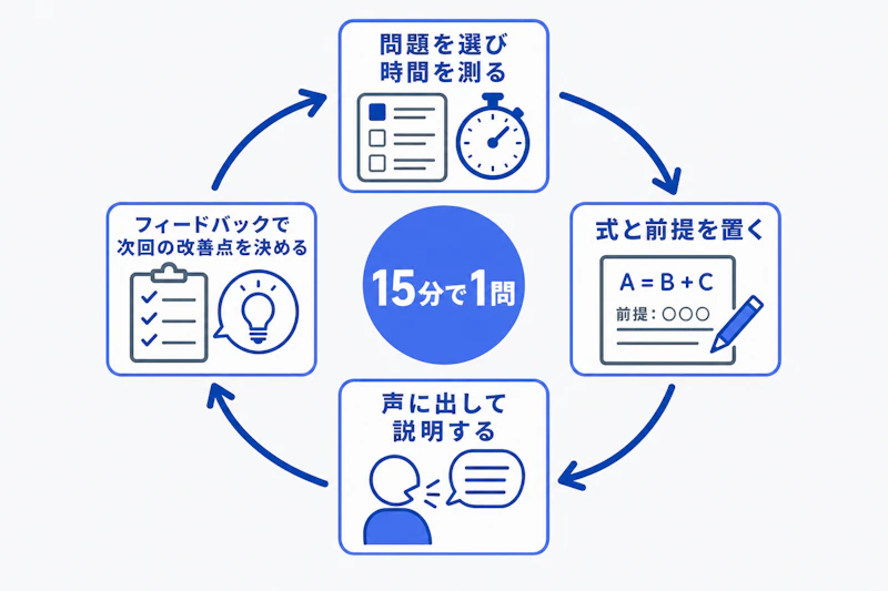 フェルミ推定を時間を測って解き振り返る練習サイクルの図