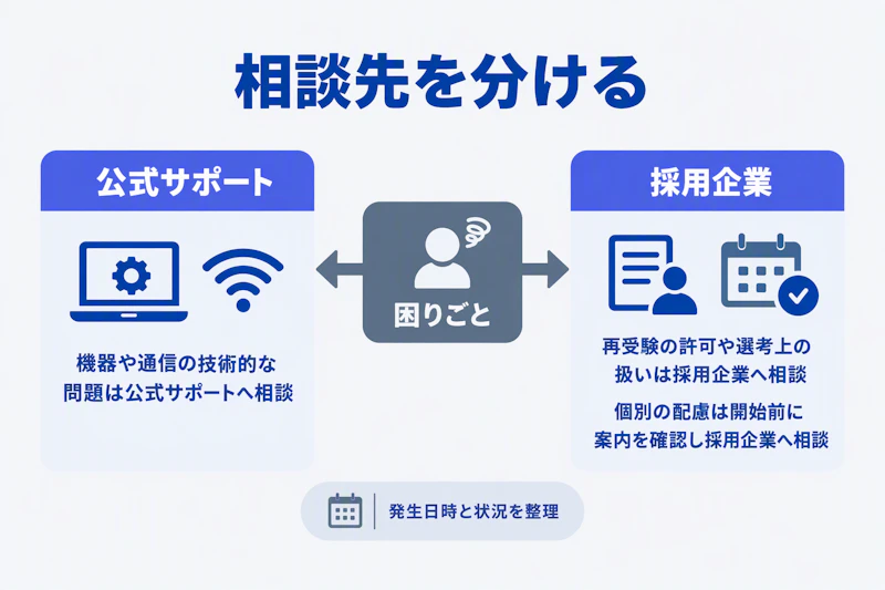 機器や通信の問題は公式サポート、再受験と個別配慮は採用企業に相談する分岐図