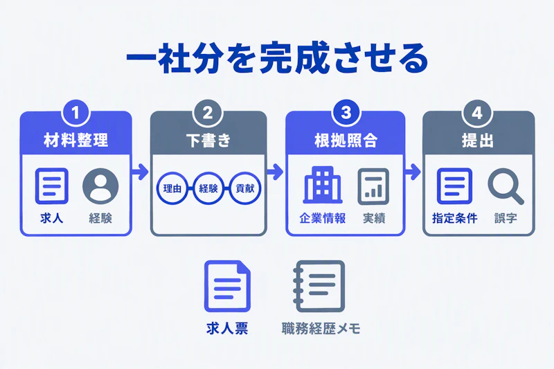 材料整理、下書き、根拠照合、提出の四工程を示す図