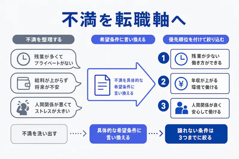 不満を転職軸に言い換えて優先順位を付ける図