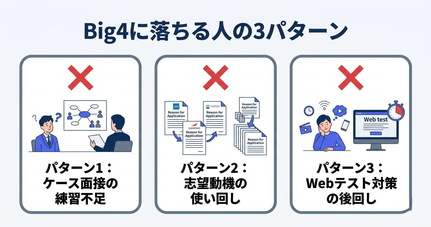 Big4コンサルの選考で落ちる人の3つの共通パターンを図解したイラスト