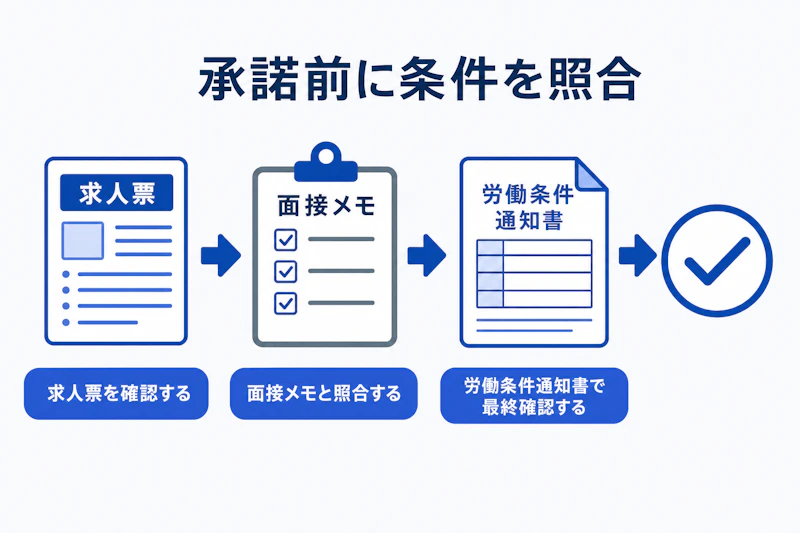 求人票と面接説明と労働条件通知書を照合する流れ