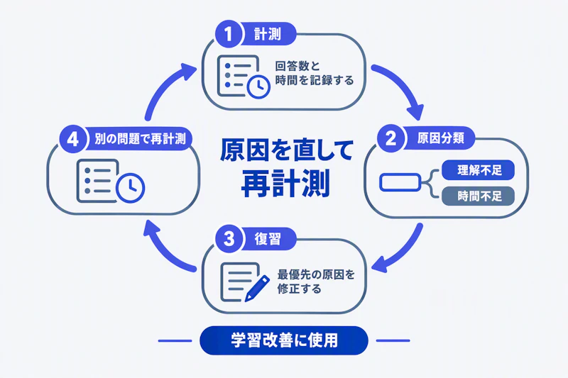 計測と原因分類と復習と別問題での再計測を繰り返す学習改善の図