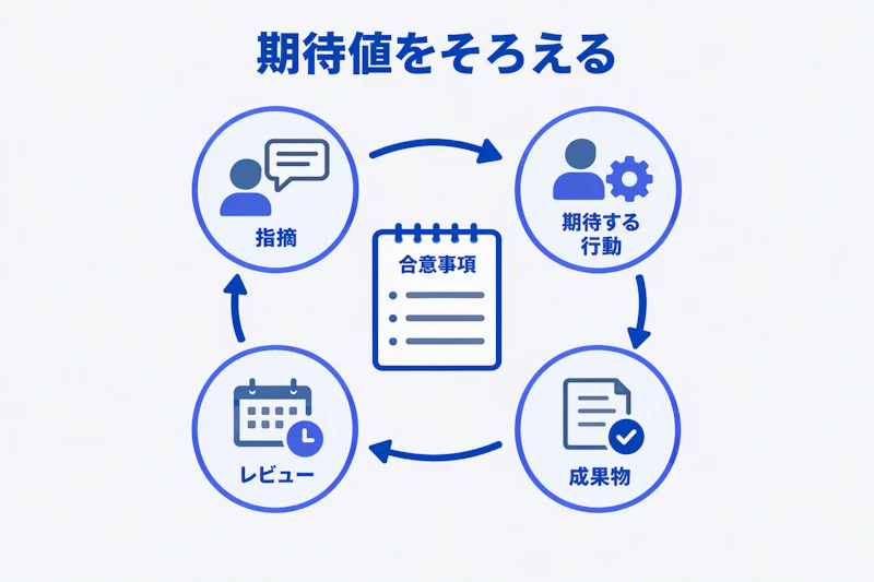指摘から期待行動、成果物、レビューへつなぐ面談の循環図