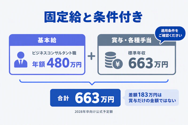 基本給480万円と賞与・手当を含む標準年収663万円の違いを示す図