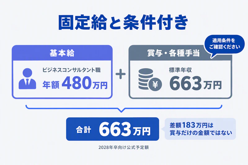 基本給480万円と賞与・手当を含む標準年収663万円の違いを示す図