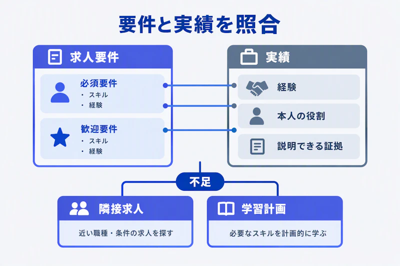 求人の必須要件と歓迎要件を自分の実績と照合する図
