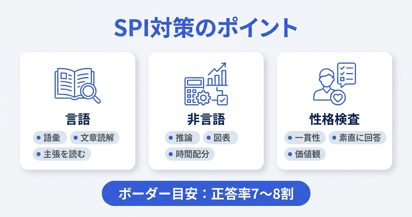 SPI3の出題形式と各科目の対策ポイントをまとめた図解