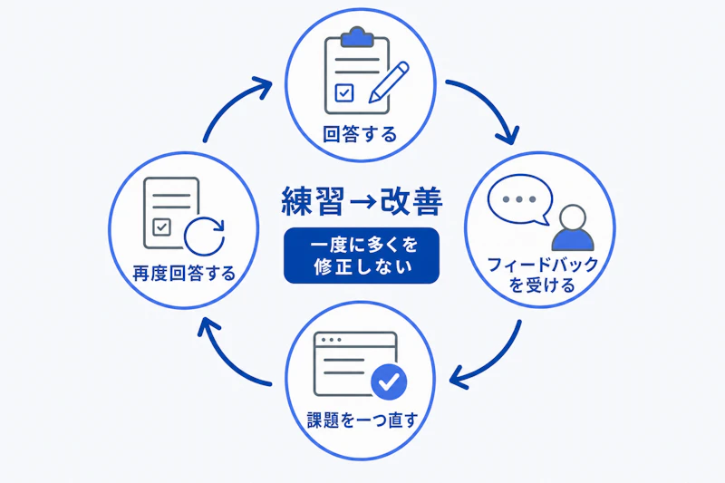 面接練習で回答とフィードバックを繰り返す改善サイクル