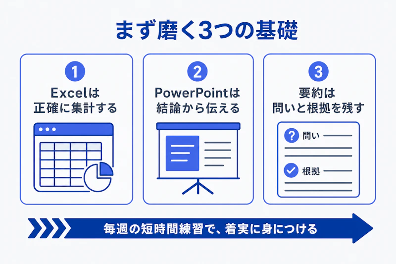 コンサル入社前に磨くExcelとPowerPointと要約力の図解