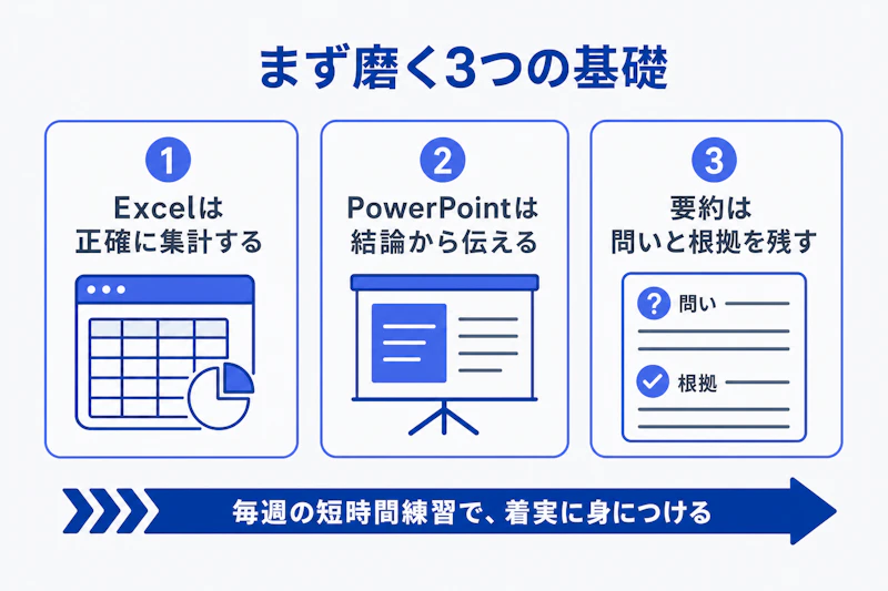 コンサル入社前に磨くExcelとPowerPointと要約力の図解