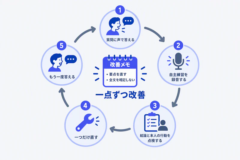回答、録音、点検、一点改善、再回答を繰り返す練習の循環図