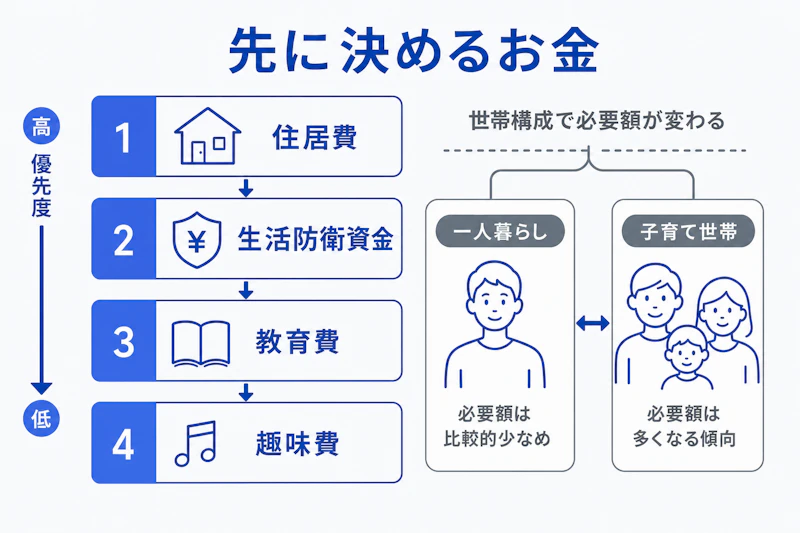 世帯構成に応じて住居費や教育費を分けて管理する家計の図