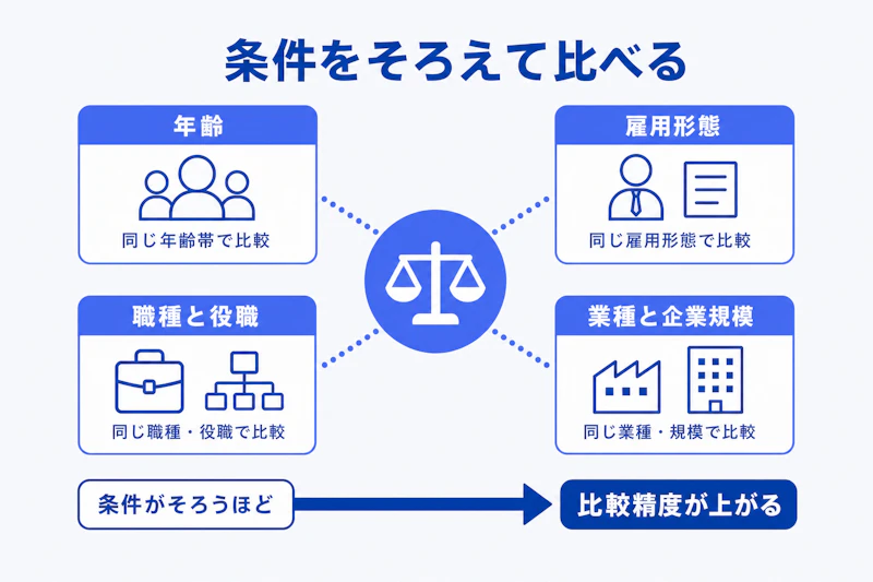 年収比較でそろえる年齢、雇用形態、職種、企業規模の条件